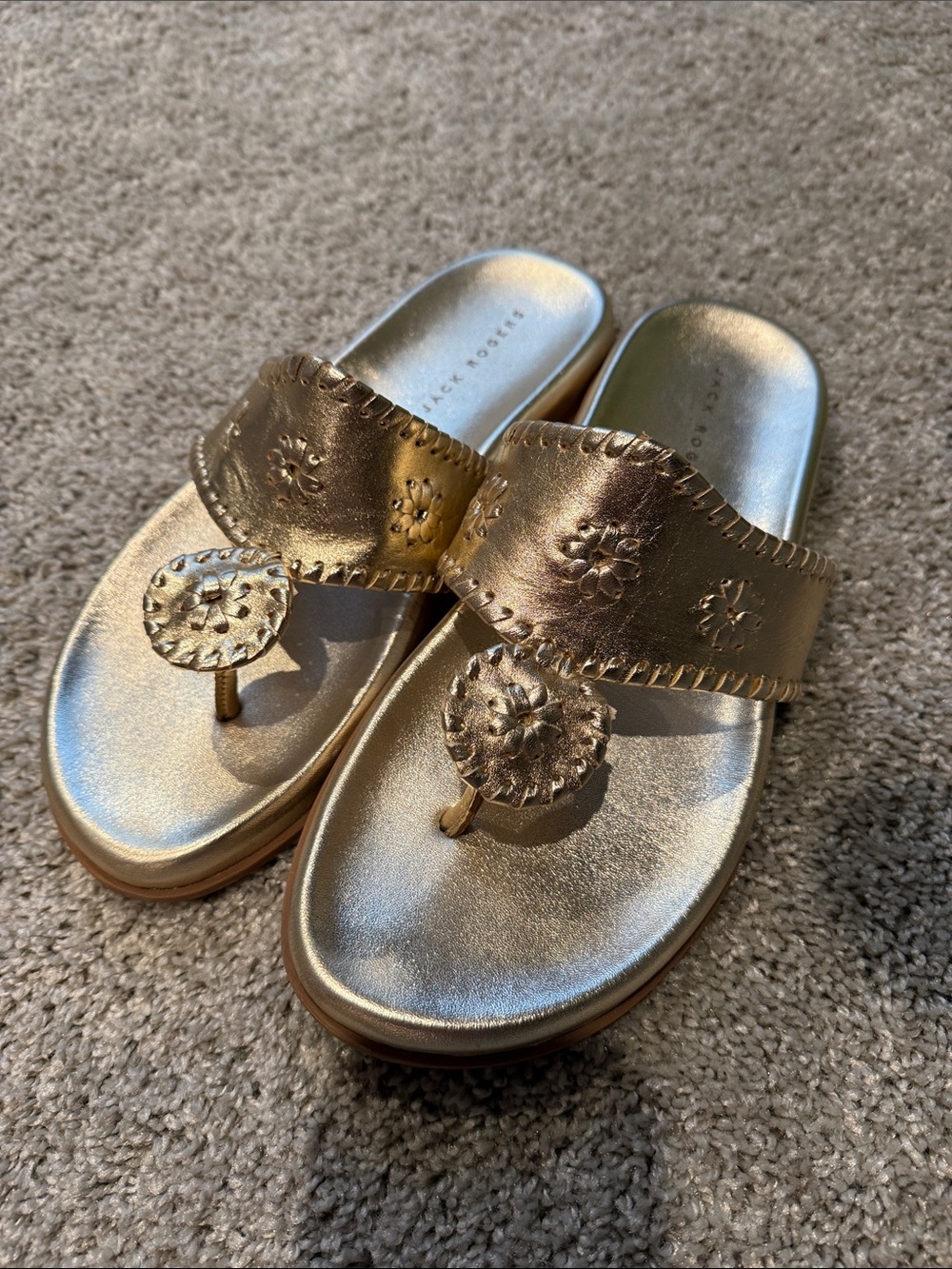 Jack Rogers Metallic Gold Floral Thong Sandals